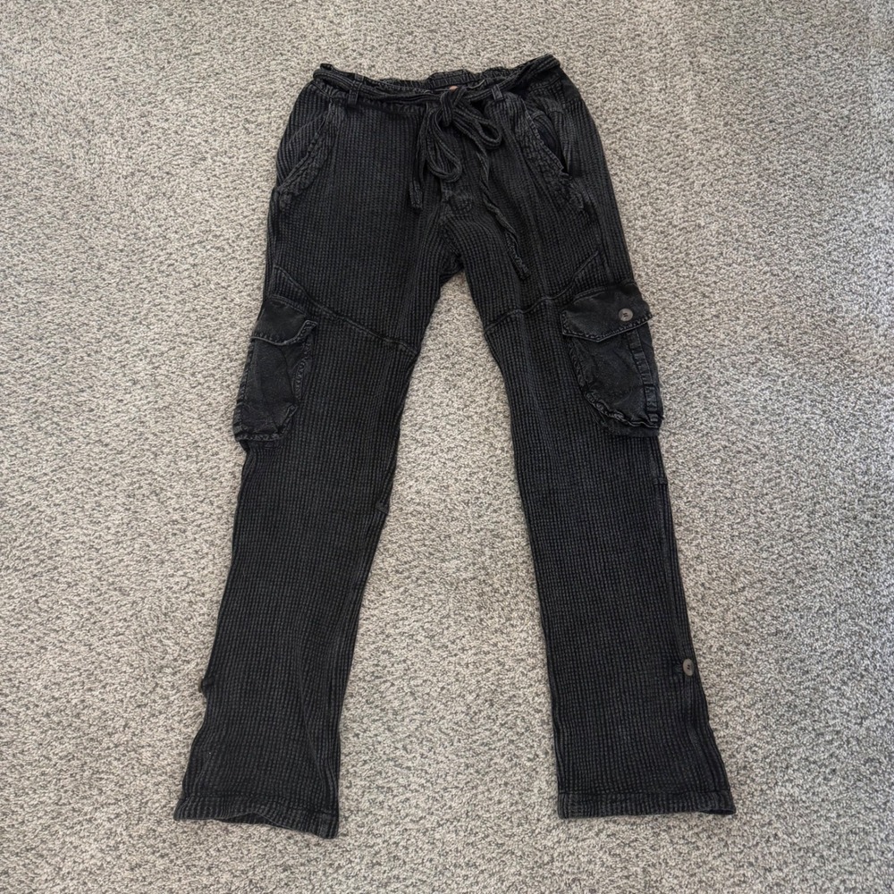 Free People FP One Waffle Knit Cargo Pants Washed Black Thermal Joggers XS Boho - Picture 7 of 9